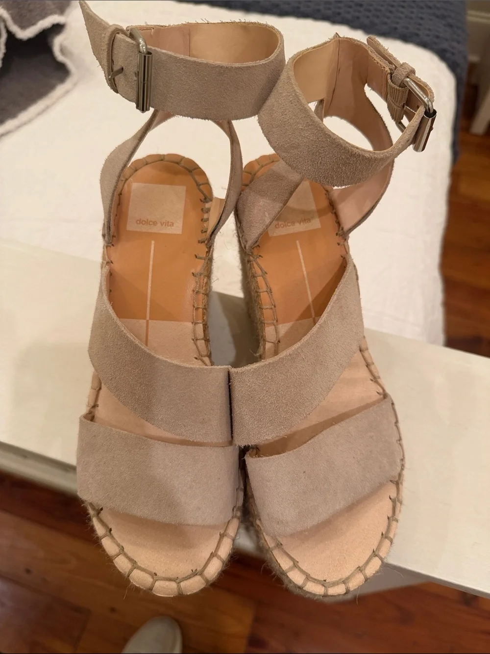 Dolce Vita Beige Suede Espadrille Wedge Sandals with Ankle Strap